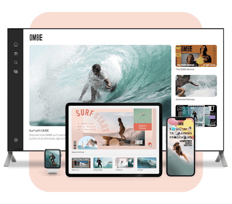 OMBE Surfing's Membership Experience across multiple devices. Specifically, a tv displaying a surfing video, an tablet displaying a surfing video catalog, and a Mobile and Watch app experience. 