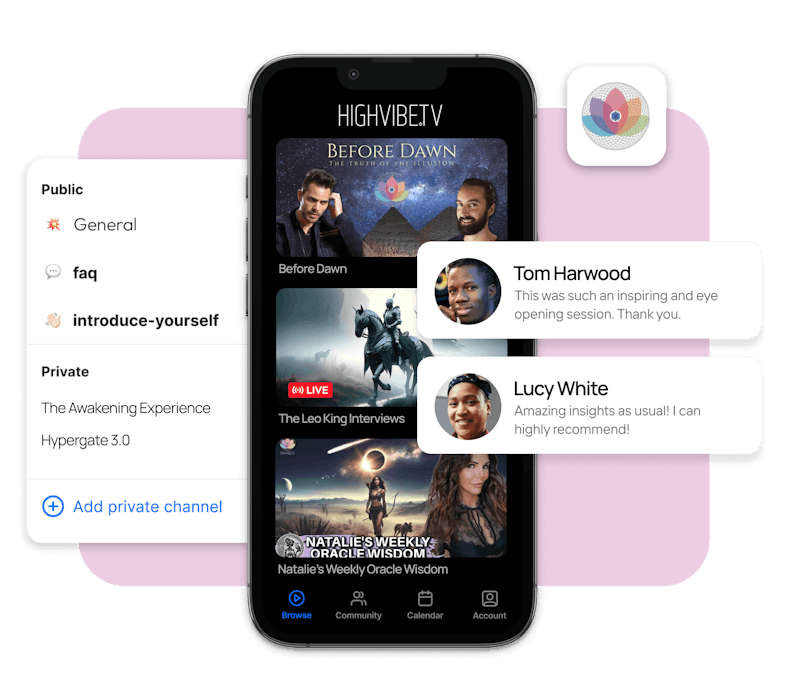 An image of Highvibe TV's Mobile App Community, specifically highlighting public and private channels and chats.