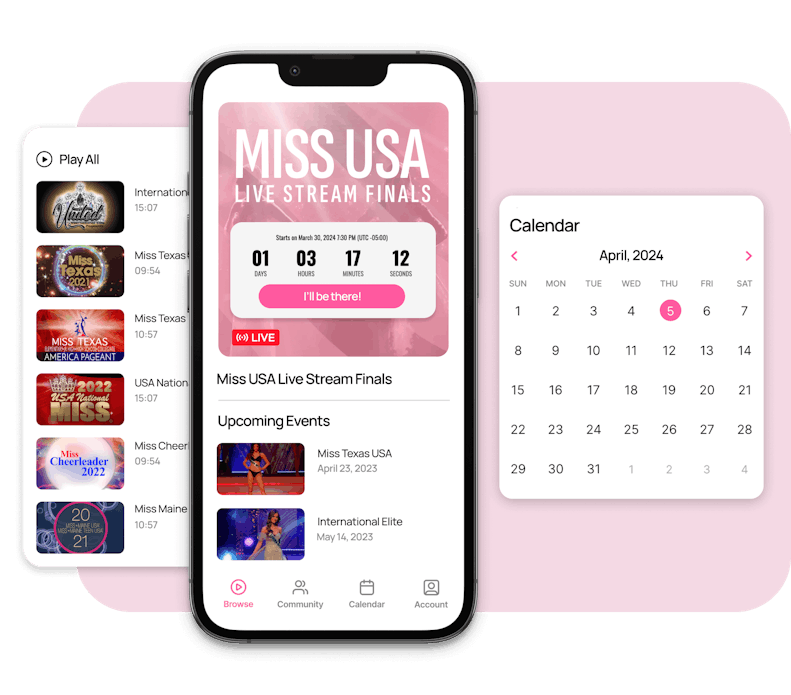 An image of Pageants Live mobile app experience, specifically a video playlist and calendar feature.