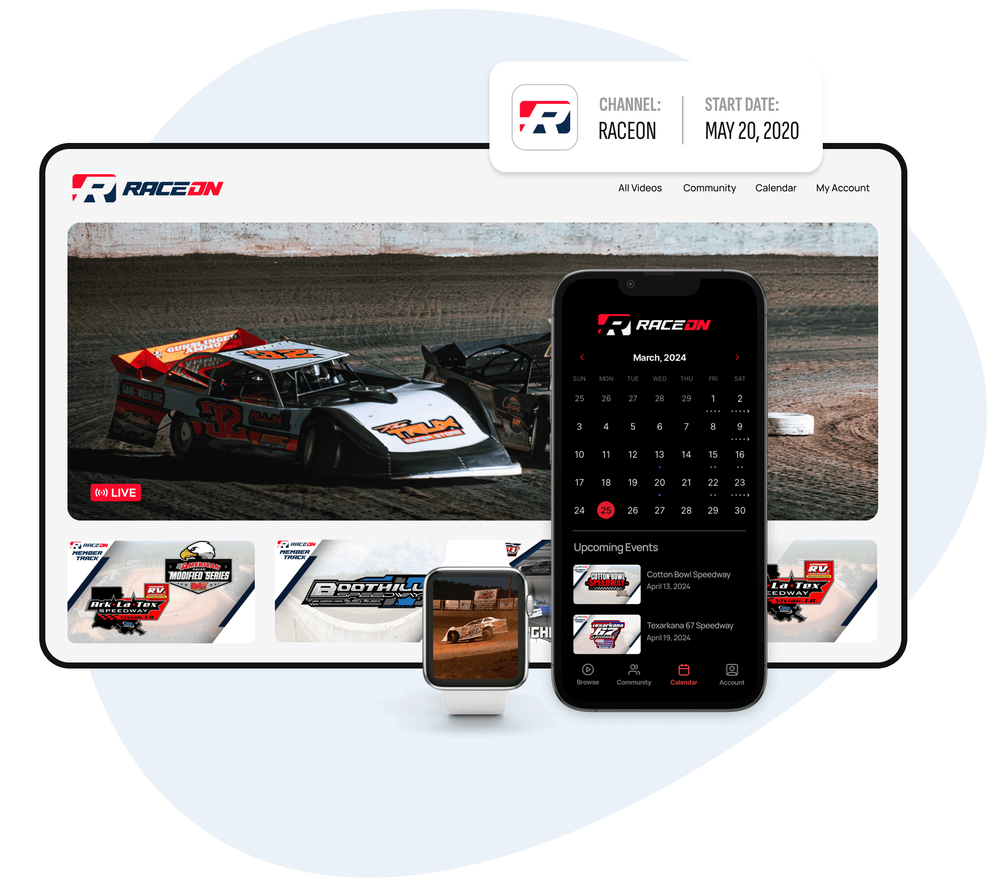 An image of Raceon Membership Catalog, a mobile calendar, and a watch with thier logo on it. 