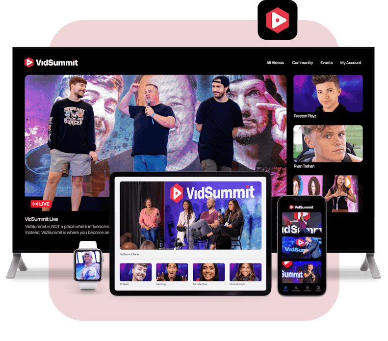 An image of VidSummits's video membership across multiple devices. A tv that displays L&B's video catalog, a table that displays their video playlist, and a mobile phone and watch that display their app splash screen.