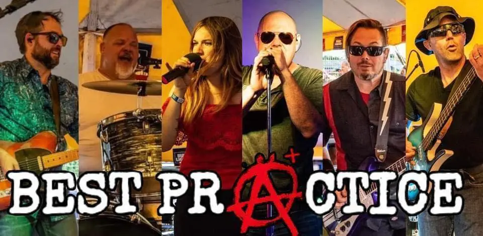 A six-person band performing, each member in a vertical segment. Text below reads "Best Practice," with the letter 'A' replaced by the anarchy symbol.