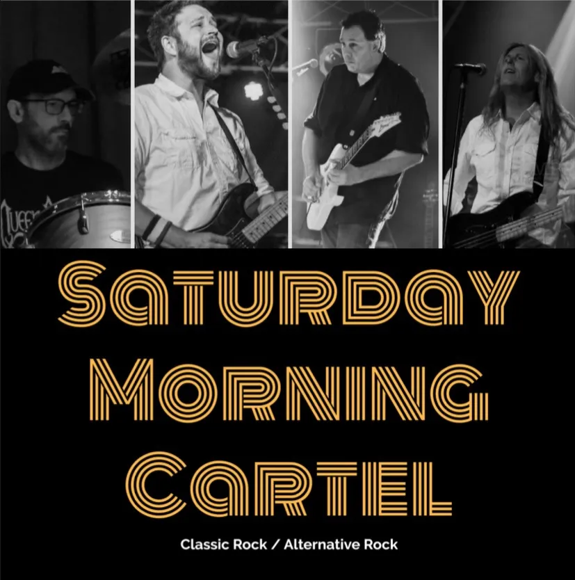 Black-and-white collage of a four-member band playing instruments with "Saturday Morning Cartel" text and "Classic Rock / Alternative Rock" below.